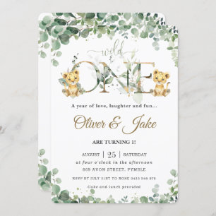 Greenery Niedlich Lion Cubs Twins Boys 1. Geburtst Einladung