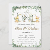 Greenery Niedlich Lion Cubs Twins Girls 1. Geburts Einladung (Vorderseite)