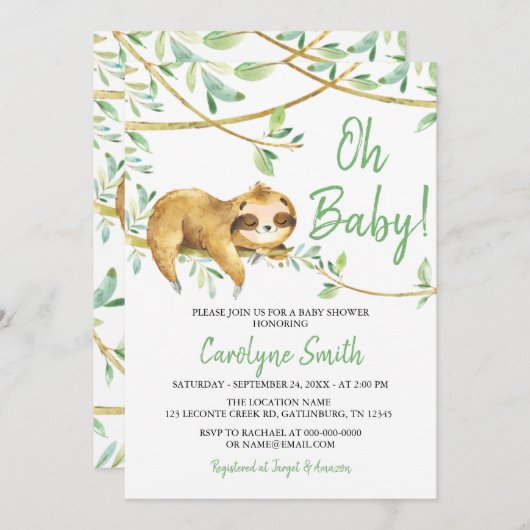 Greenery Niedlich Sloth Baby Dusche Einladung (Vorne/Hinten)