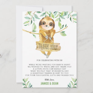 Greenery Niedlich Sloth Baby Shower Boy Dankeskarte