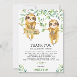 Greenery Niedlich Sloth Baby Shower Twin Boys Dankeskarte