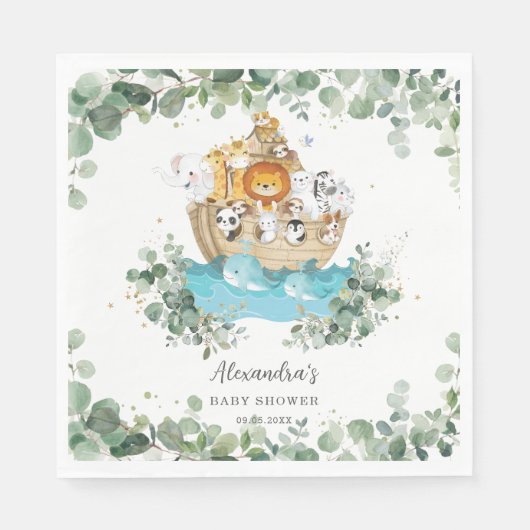 Greenery Noah's Ark Niedlicher Tiere Baby Birthday Serviette (Vorderseite)