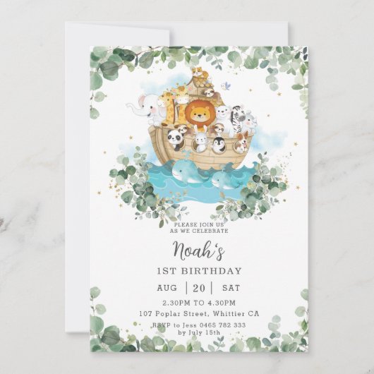 Greenery Noahs neutrale Geburtstagspartei für das  Einladung (Vorderseite)
