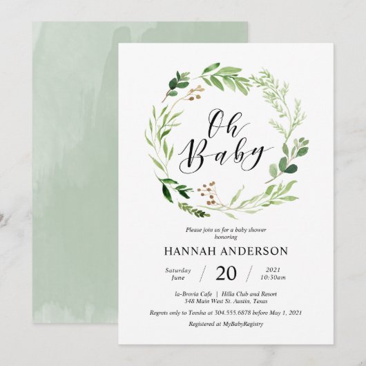 Greenery Oh Baby Shower Modernes Skript Einladung (Vorne/Hinten)