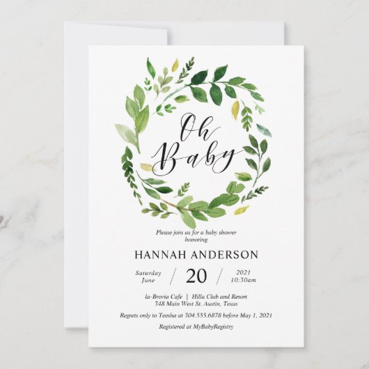 Greenery Oh Baby Shower Modernes Skript Einladung (Vorderseite)