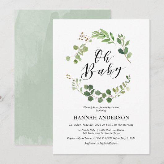 Greenery Oh Baby Shower Modernes Skript Einladung (Vorne/Hinten)