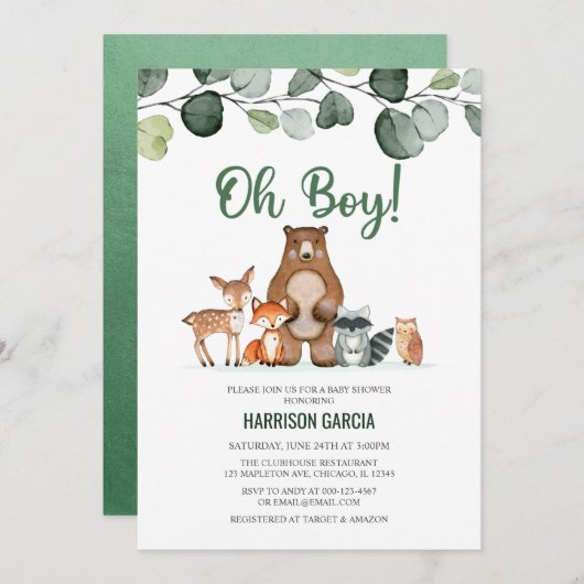 Greenery Oh Boy Woodland Animals Kinderdusche Einladung (Vorne/Hinten)