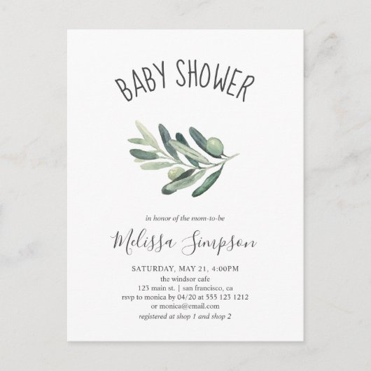 Greenery Olive Baby Shower Einladungspostkarte (Vorderseite)