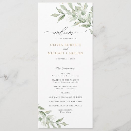 Greenery Olive Branch Gipskraut Gold Wedding Programm (Vorderseite)