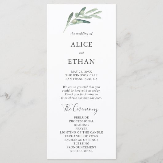 Greenery Olive Wedding Programm (Vorderseite)