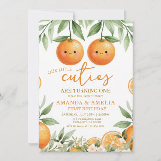 Greenery Orange Twin little cuties 1st Birthday Einladung