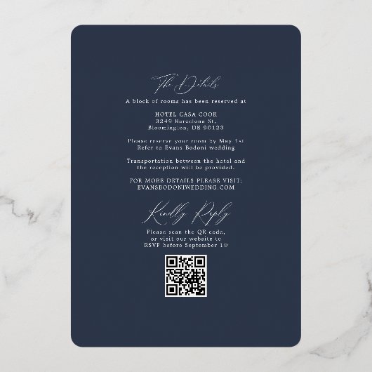 Greenery Oval Navy UAWG QR Code Wedding Rose Gold Folieneinladung (Rückseite)