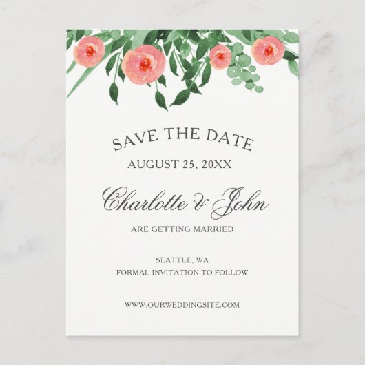 Greenery Peach Blume Wedding speichern Sie die Dat Ankündigungspostkarte (Vorderseite)