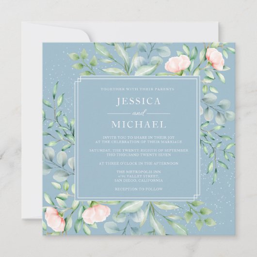 Greenery Peach Rose Dusty Blue Square Wedding Einladung (Vorderseite)