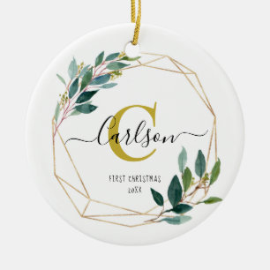 Greenery Personalisiert First Christmas Name Initi Keramik Ornament