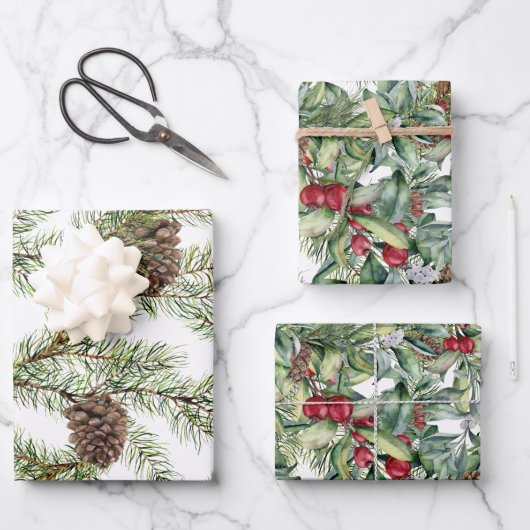 Greenery Pine Cones Red Berry Geschenkpapier Set (Vorderseite)