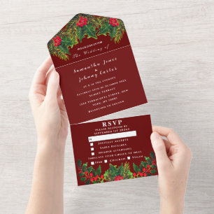 Greenery Pine Winter Dark Red Watercolor Wedding All In One Einladung