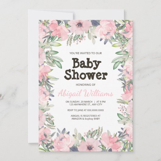 Greenery Pink Blume Babydusche Einladung (Vorderseite)