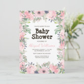 Greenery Pink Blume Babydusche Einladung (Stehend Vorderseite)