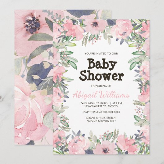 Greenery Pink Blume Babydusche Einladung (Vorne/Hinten)