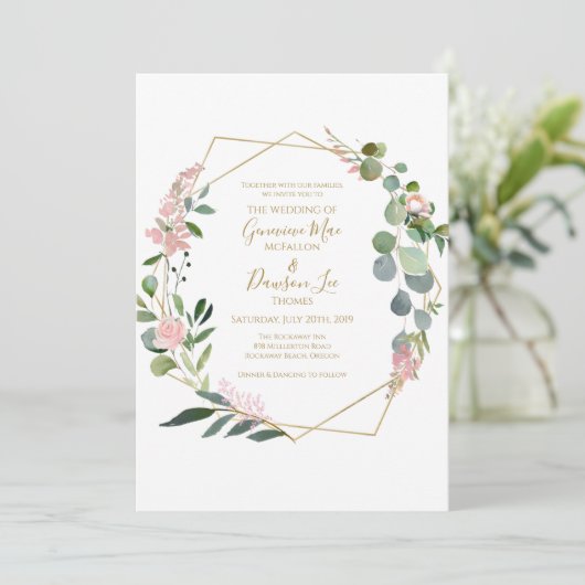 Greenery Pink Blume Geometrische Form Einladung (Stehend Vorderseite)