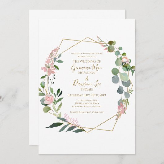 Greenery Pink Blume Geometrische Form Einladung (Vorne/Hinten)