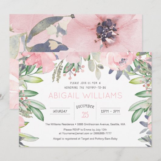 Greenery Pink Blume Kinderdusche Einladung (Vorne/Hinten)