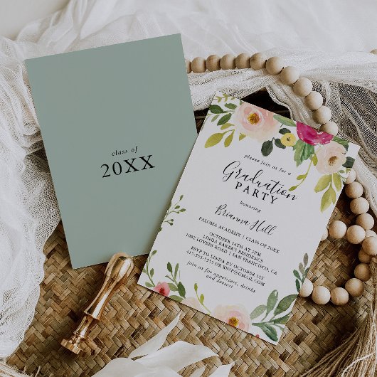 Greenery Pink Blush Bloral Graduation Party Einladung