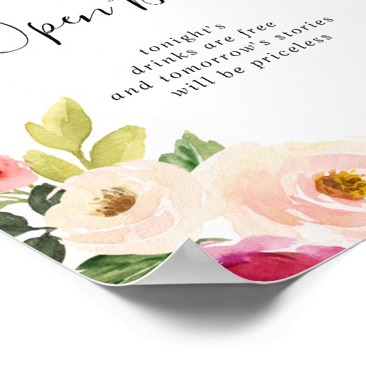 Greenery Pink Blush Blues Hochzeit Open Bar Sign Poster (Ecke)