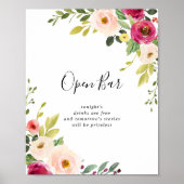 Greenery Pink Blush Blues Hochzeit Open Bar Sign Poster (Vorne)