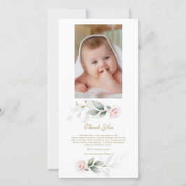 Greenery Pink Floral Gold Foto Christening Dankeskarte