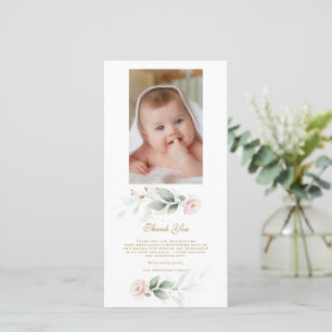 Greenery Pink Floral Gold Foto Christening Dankeskarte