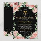 Greenery Pink Floral RN Nursing Graduation Party Einladung (Vorne/Hinten)