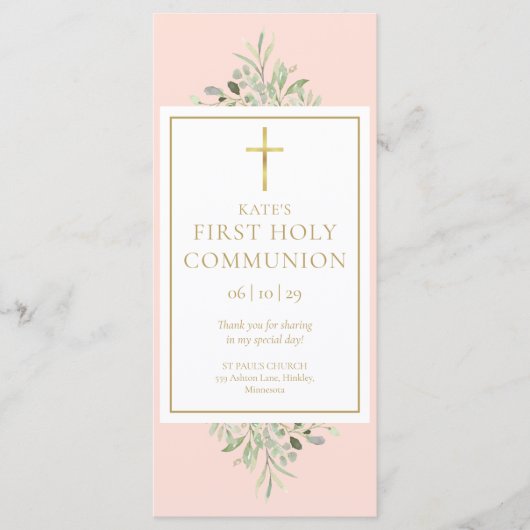 Greenery Pink Heilige Kommunion Lesezeichen (Vorderseite)