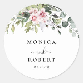 Greenery Pink Rose Wedding Classic Round Sticker