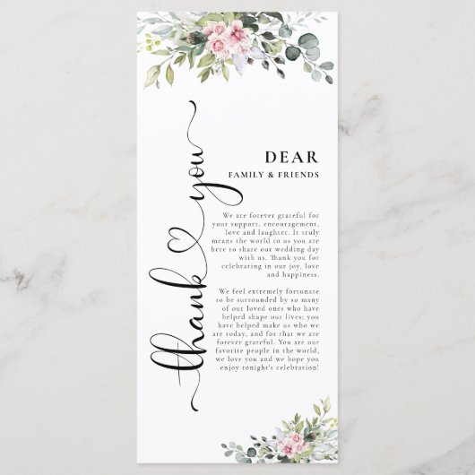 Greenery Pink Rose Wedding Menu Menükarte (Rückseite)