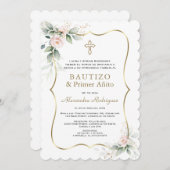 Greenery Pink Roses Spanisch 1. Geburtstag Taufe Einladung (Vorne/Hinten)