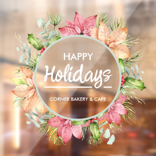 Greenery Poinsettia Wreath Happy Holidays Fensteraufkleber (Blatt 2)