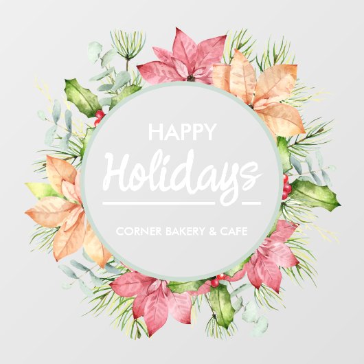 Greenery Poinsettia Wreath Happy Holidays Fensteraufkleber (Blatt)