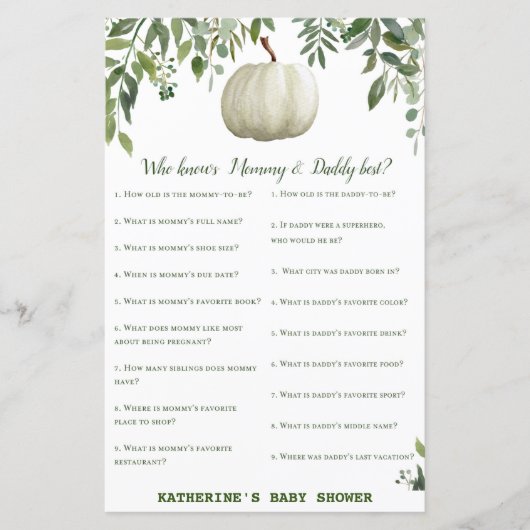 Greenery Pumpkin Baby Shower Game PRINTED (Vorderseite)