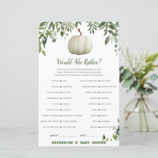 Greenery Pumpkin Baby Shower Game PRINTED (Stehend Vorderseite)