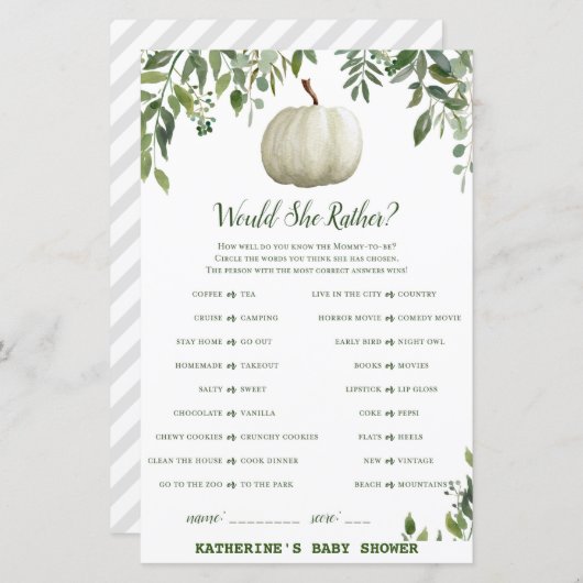 Greenery Pumpkin Baby Shower Game PRINTED (Vorne/Hinten)