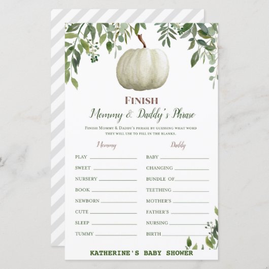 Greenery Pumpkin Baby Shower Game PRINTED (Vorne/Hinten)