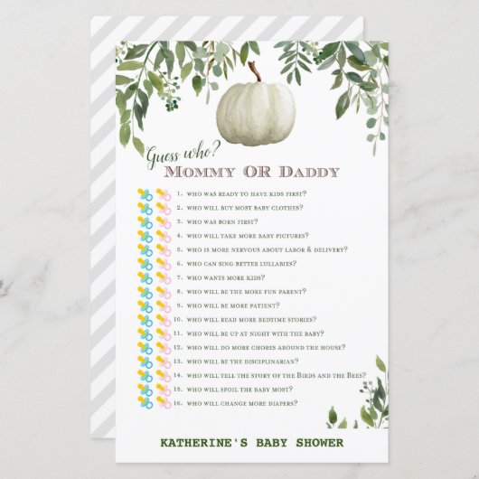 Greenery Pumpkin Baby Shower Game PRINTED (Vorne/Hinten)
