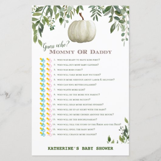 Greenery Pumpkin Baby Shower Game PRINTED (Vorderseite)
