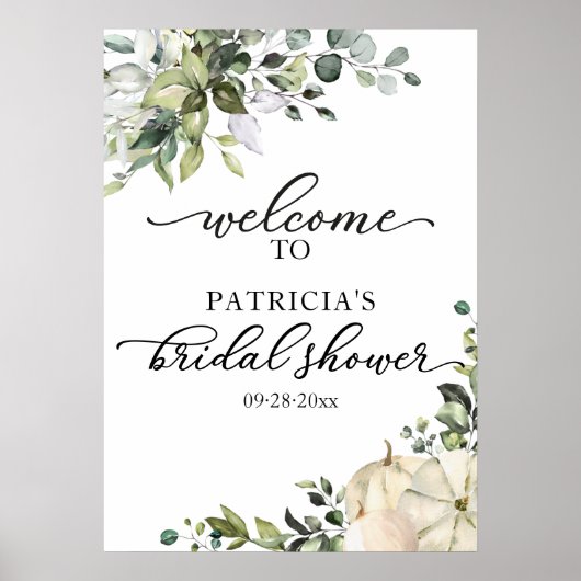 Greenery Pumpkin Fall Brautparty Begrüßungszeichen Poster (Vorne)