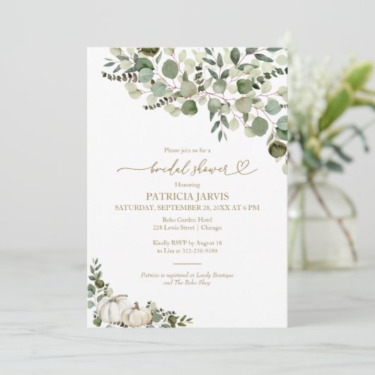 Greenery Pumpkin Fall Brautparty Einladung (Stehend Vorderseite)