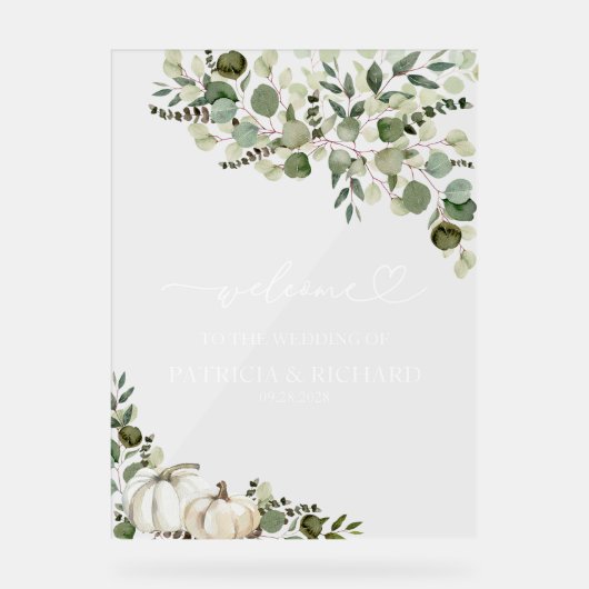 Greenery Pumpkin Hochzeit im Herbst Willkommen Acrylschild (Vorderseite)