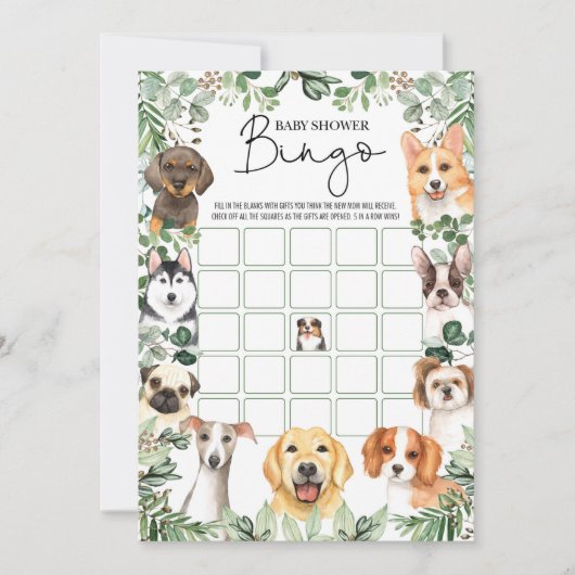 Greenery Puppy Dog Bingo Baby Shower Game Card Einladung (Vorderseite)
