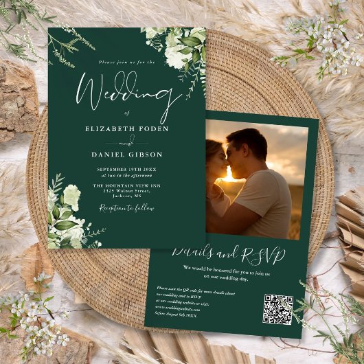 Greenery QR Code Foto Emerald Green Wedding Einladung